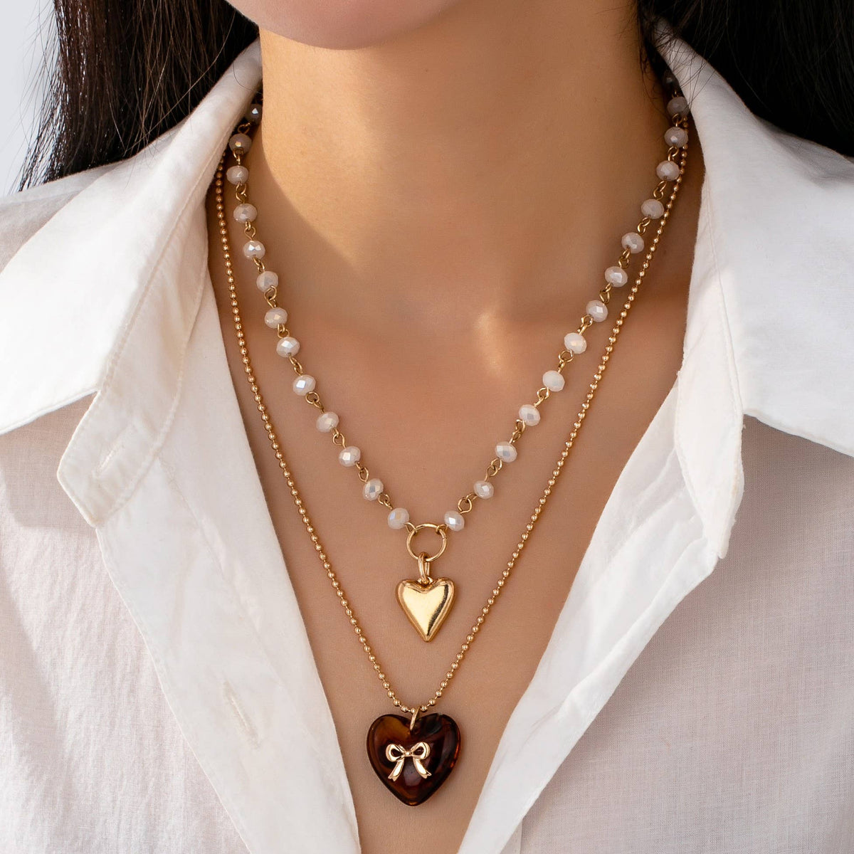 MULTI LAYER DOUBLE HEART CHARM NECKLACE | 80N92656