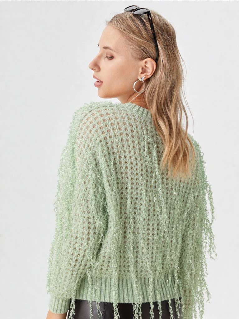 12W2944N-Fringe Detail Holiday Party Knit Sweater Top