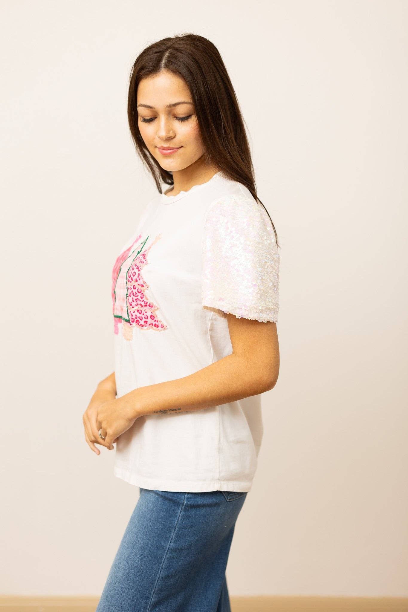 Sequin Trees on White Sequin Sleeve Top