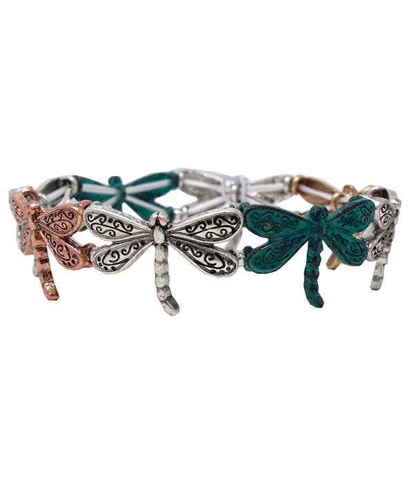( B021 )  VINTAGE METAL DRAGONFLY STRETCH BRACELET