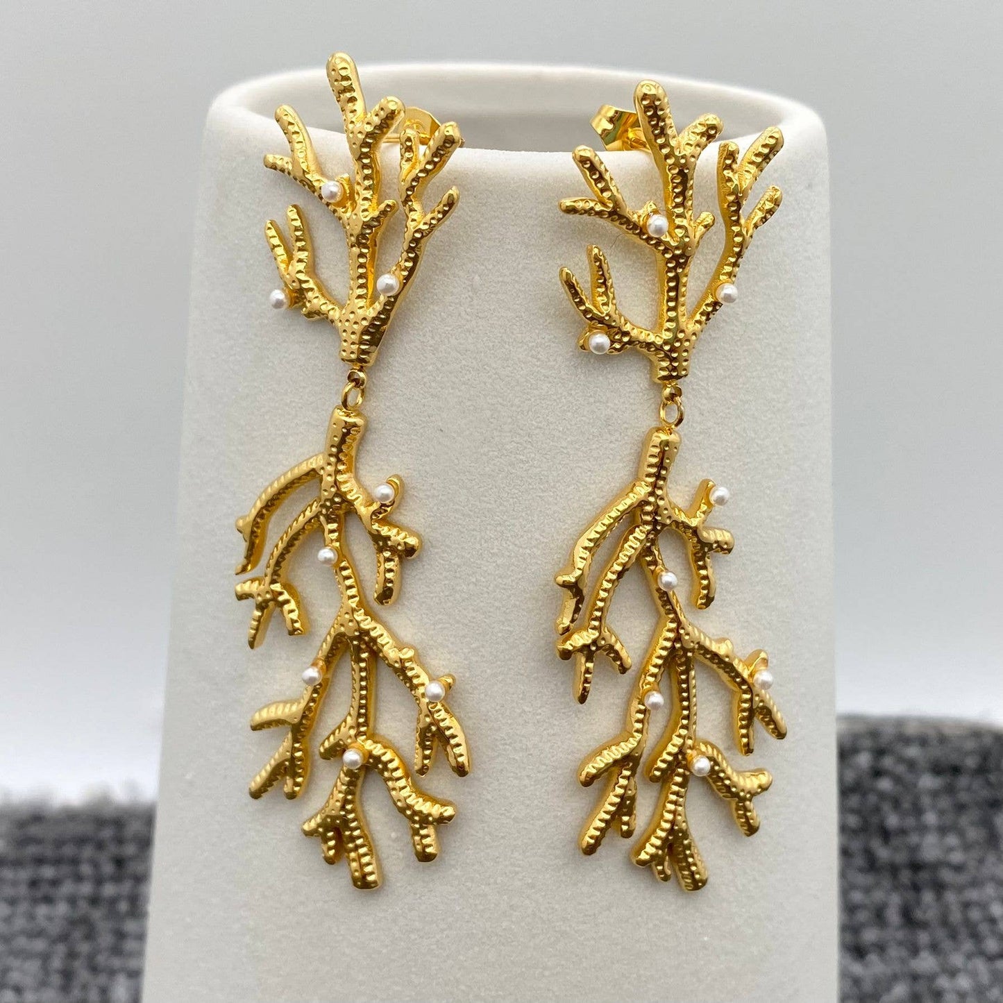 Inlaid Pearl Coral 18K Gold Plated SS Post Earrings - FGS