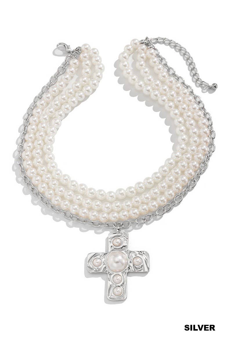 Notable Hammered Cross Multi Wrap Pearl Necklace
