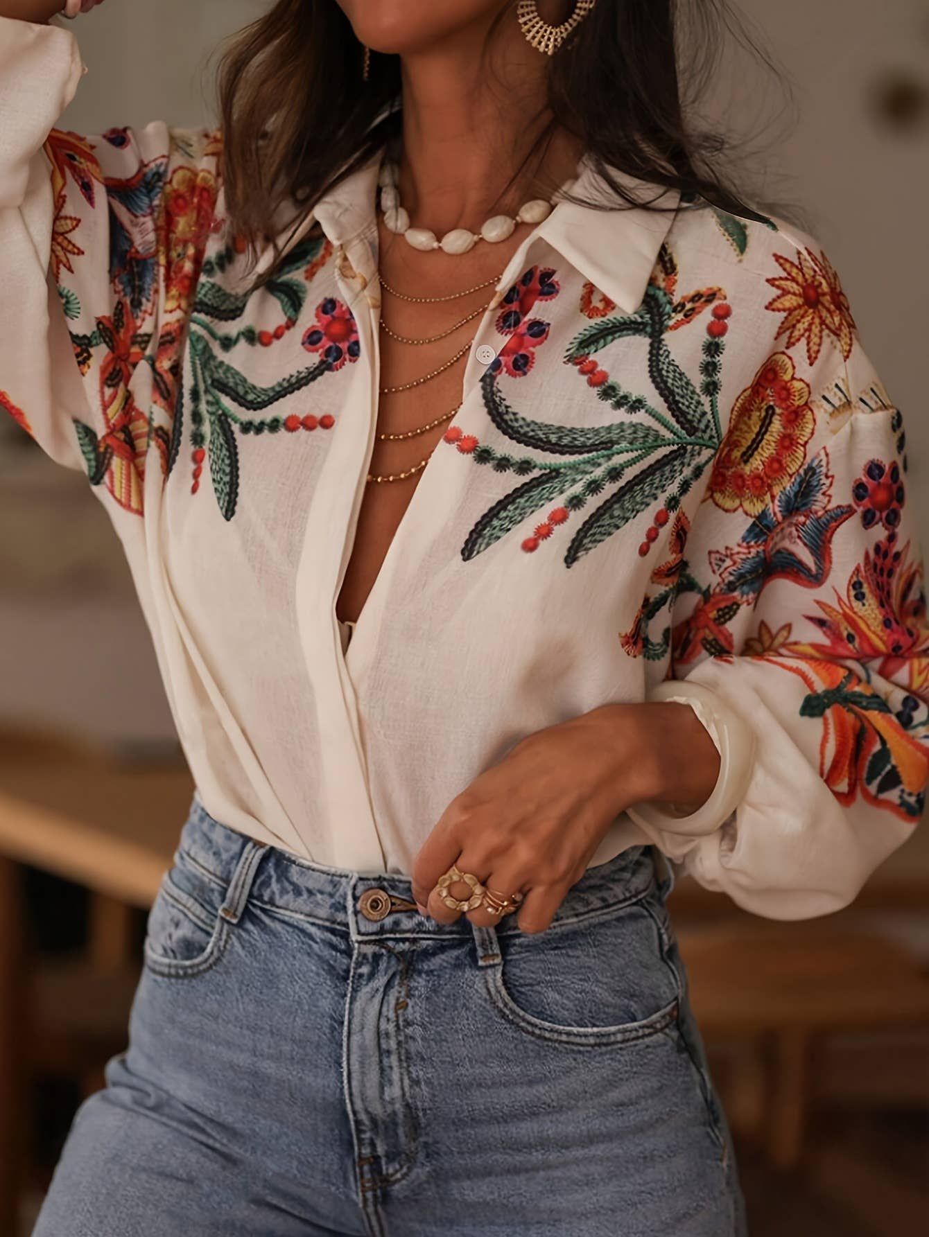 Botanical Print Loose Lapel Long Sleeve Casual Shirt