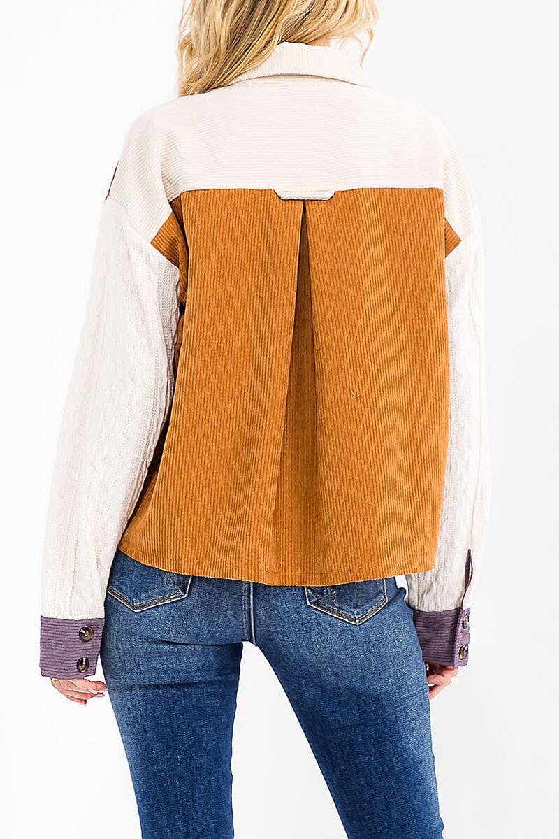 BUTTON UP FRONT POCKET COLORBLOCK CORDUROY TOP