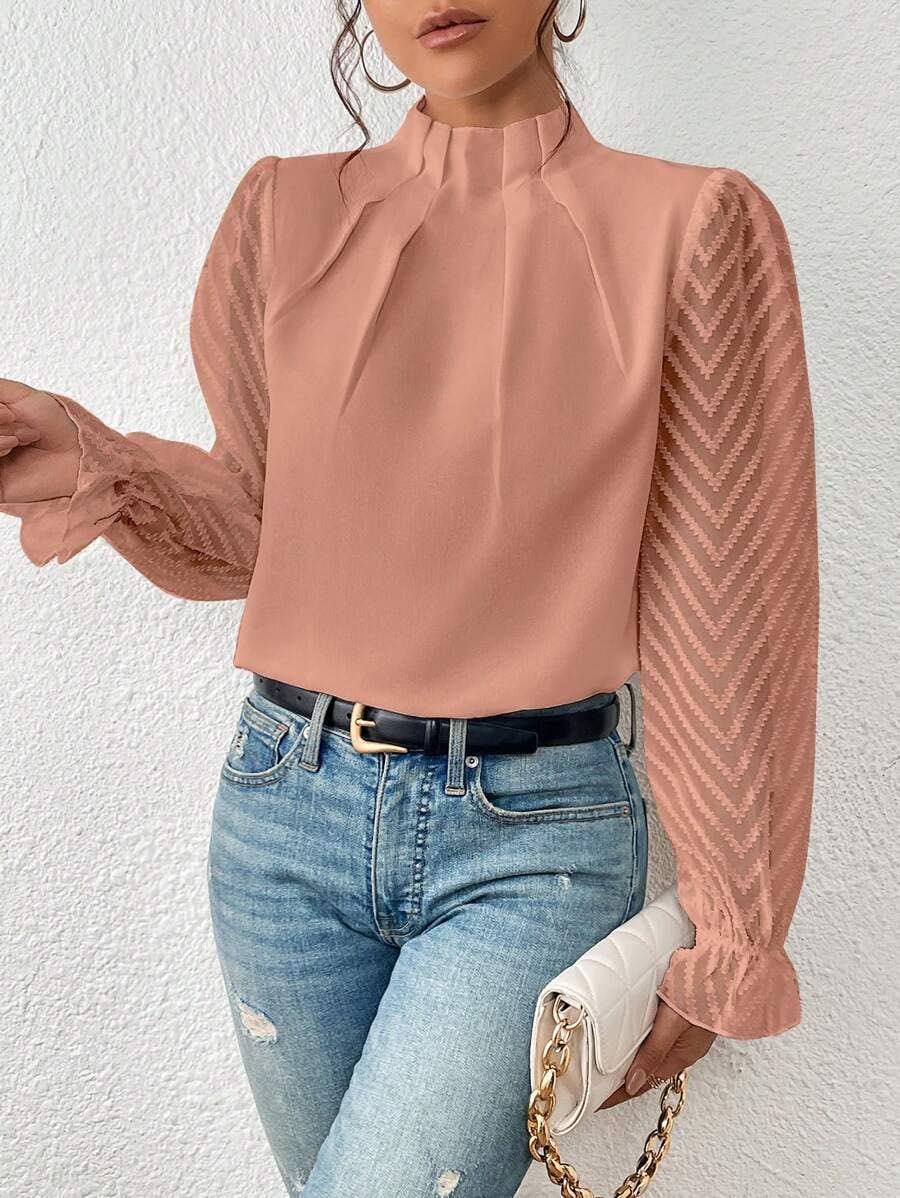 Mock Neck Chiffon Blouse Lace Sleeve Elegant Work Top
