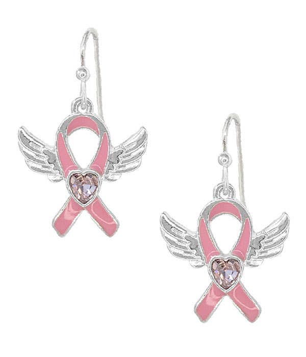 ( MX1344 )  BREAST CANCER PINK RIBBON EARRING - WINGS