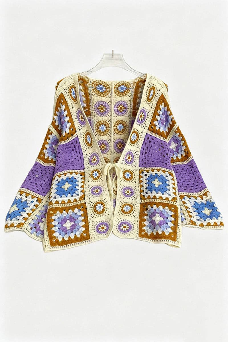 Crochet Patchwork Open Front Bell Sleeve Cardigan