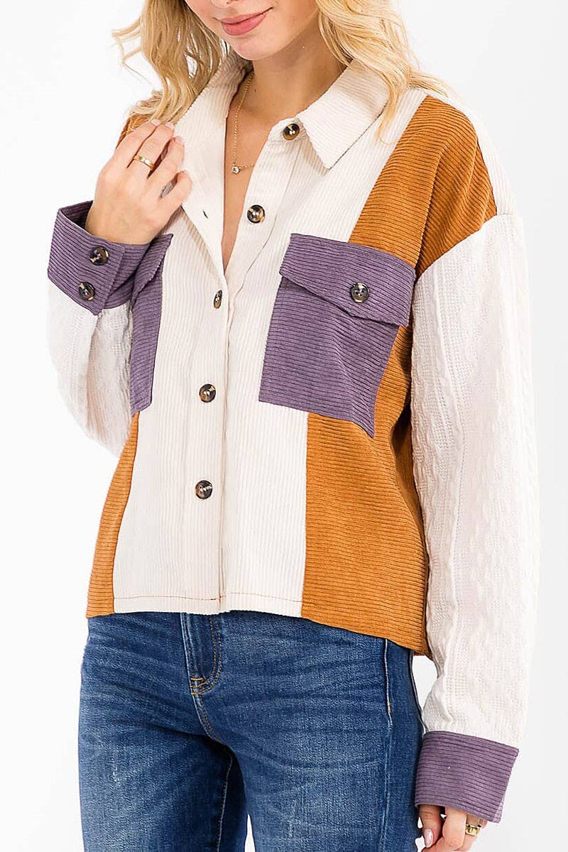 BUTTON UP FRONT POCKET COLORBLOCK CORDUROY TOP