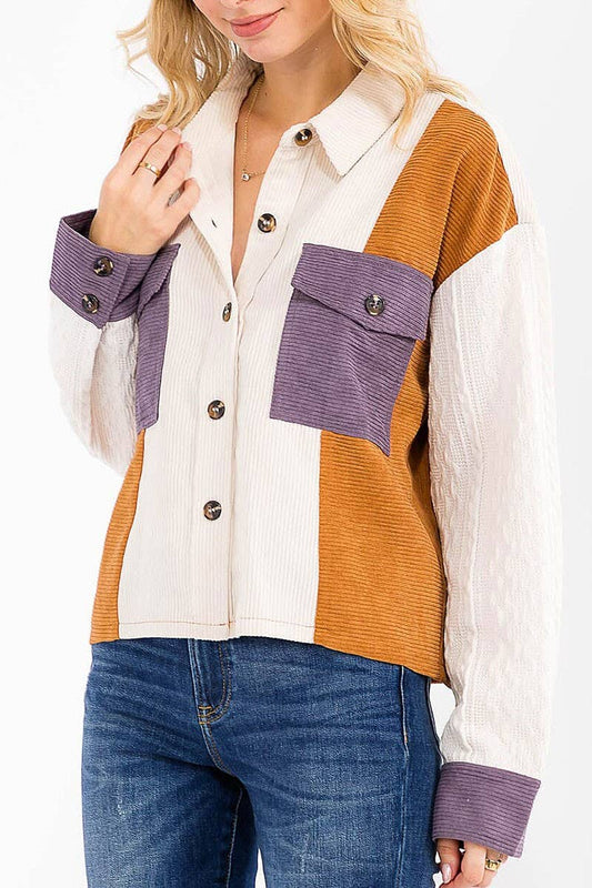 BUTTON UP FRONT POCKET COLORBLOCK CORDUROY TOP