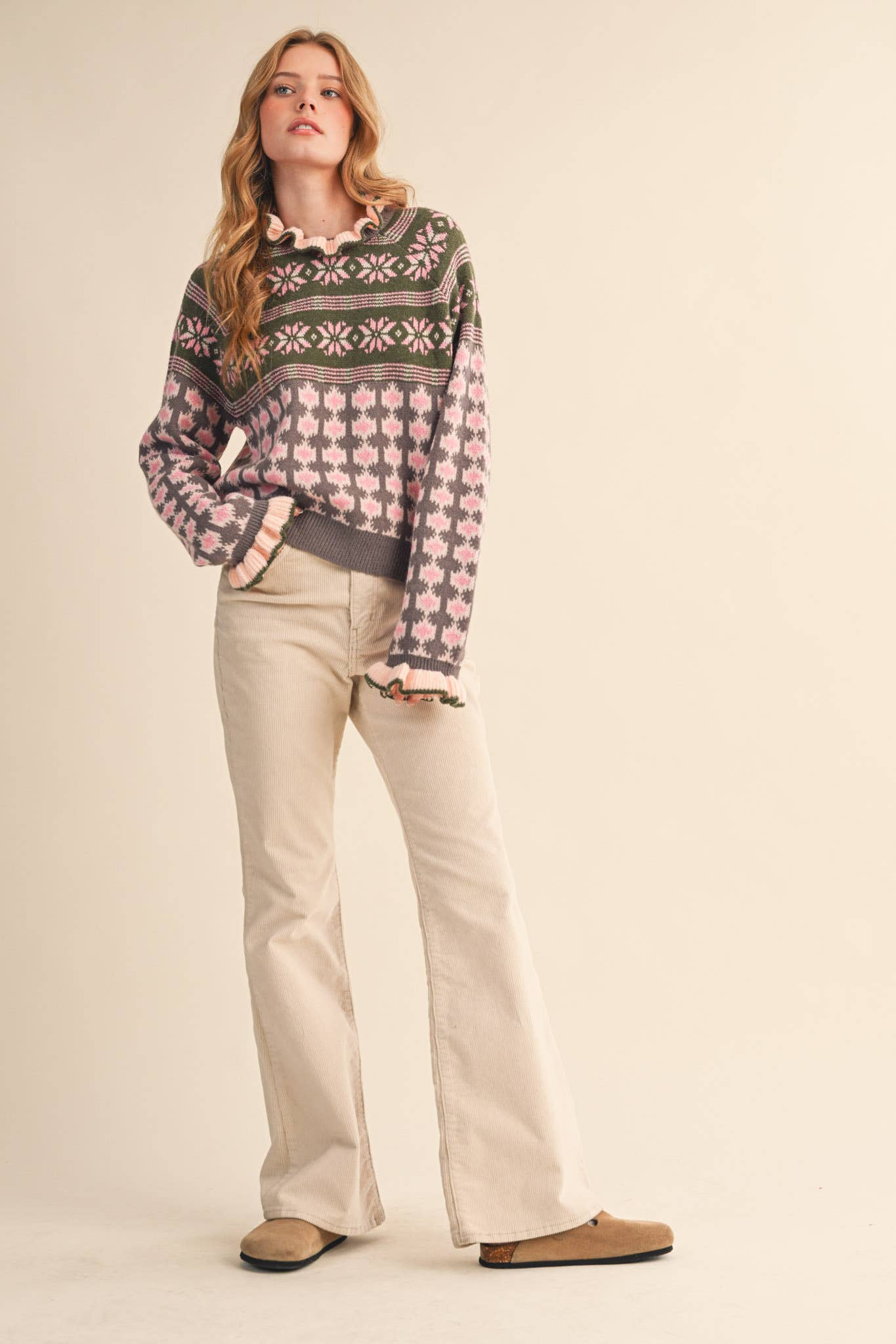 RUFFLED MOCK NECK FAIR ISLE SWEATER MSW10961