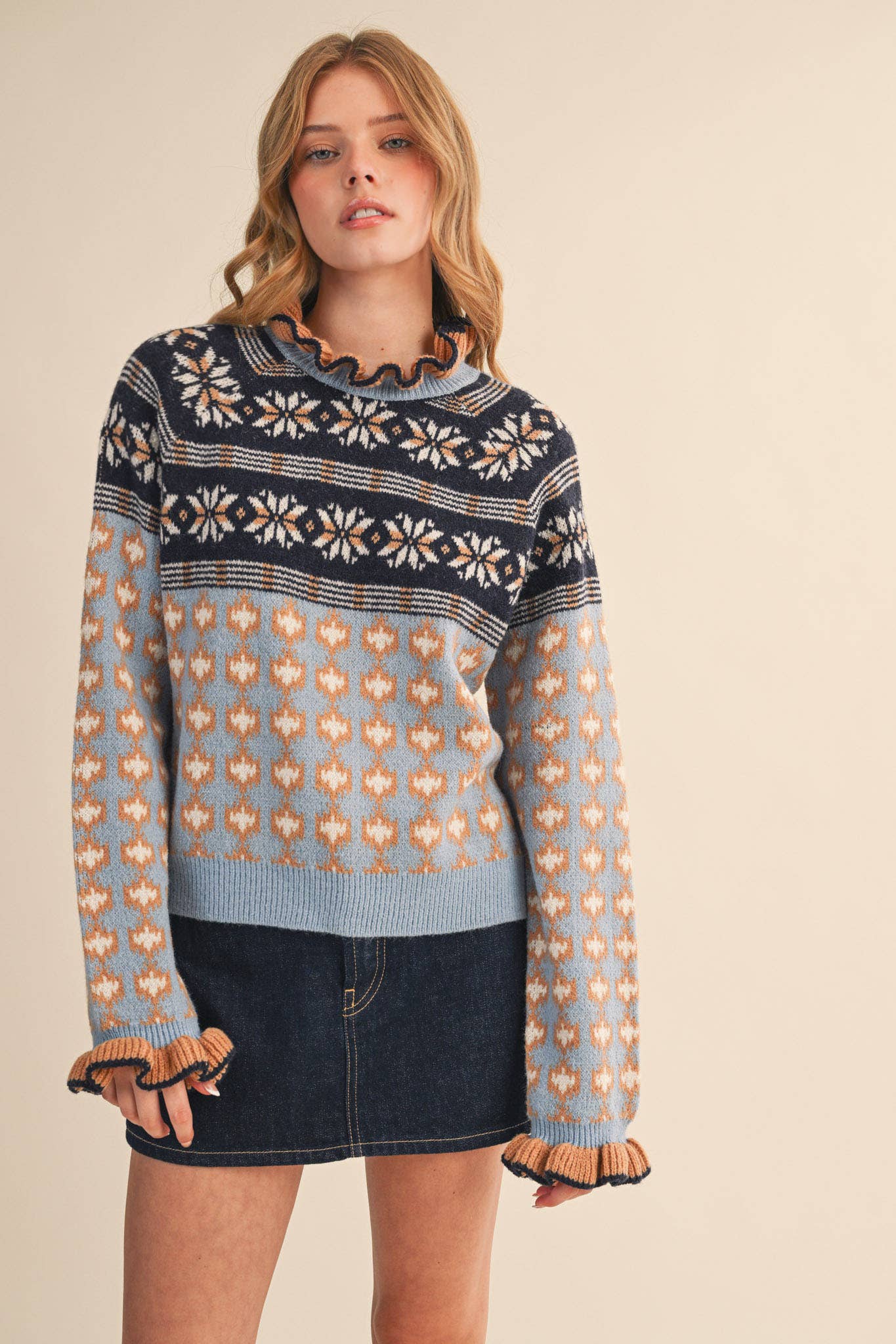 RUFFLED MOCK NECK FAIR ISLE SWEATER MSW10961