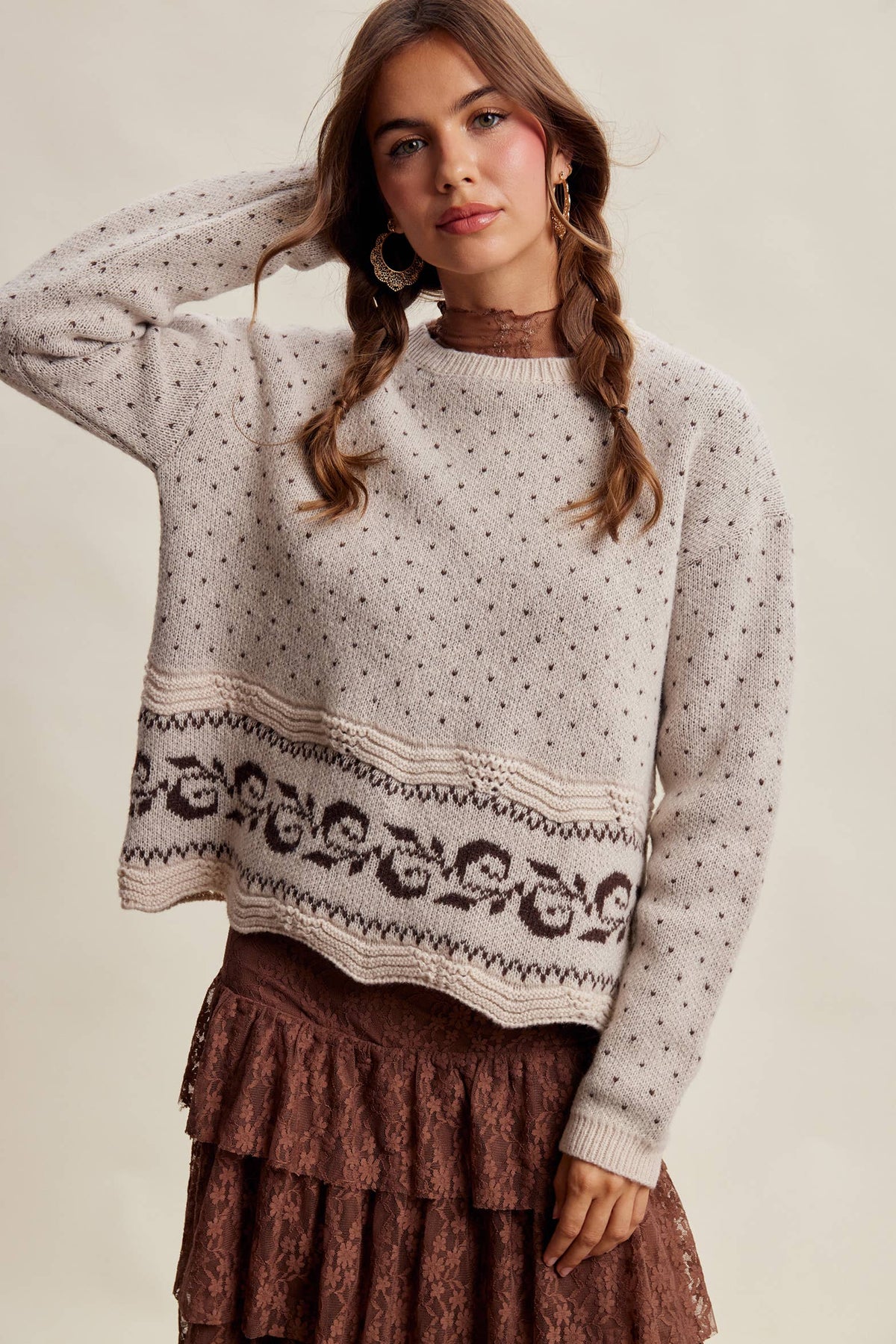Swiss Dot Border Knit Sweater LSW1092