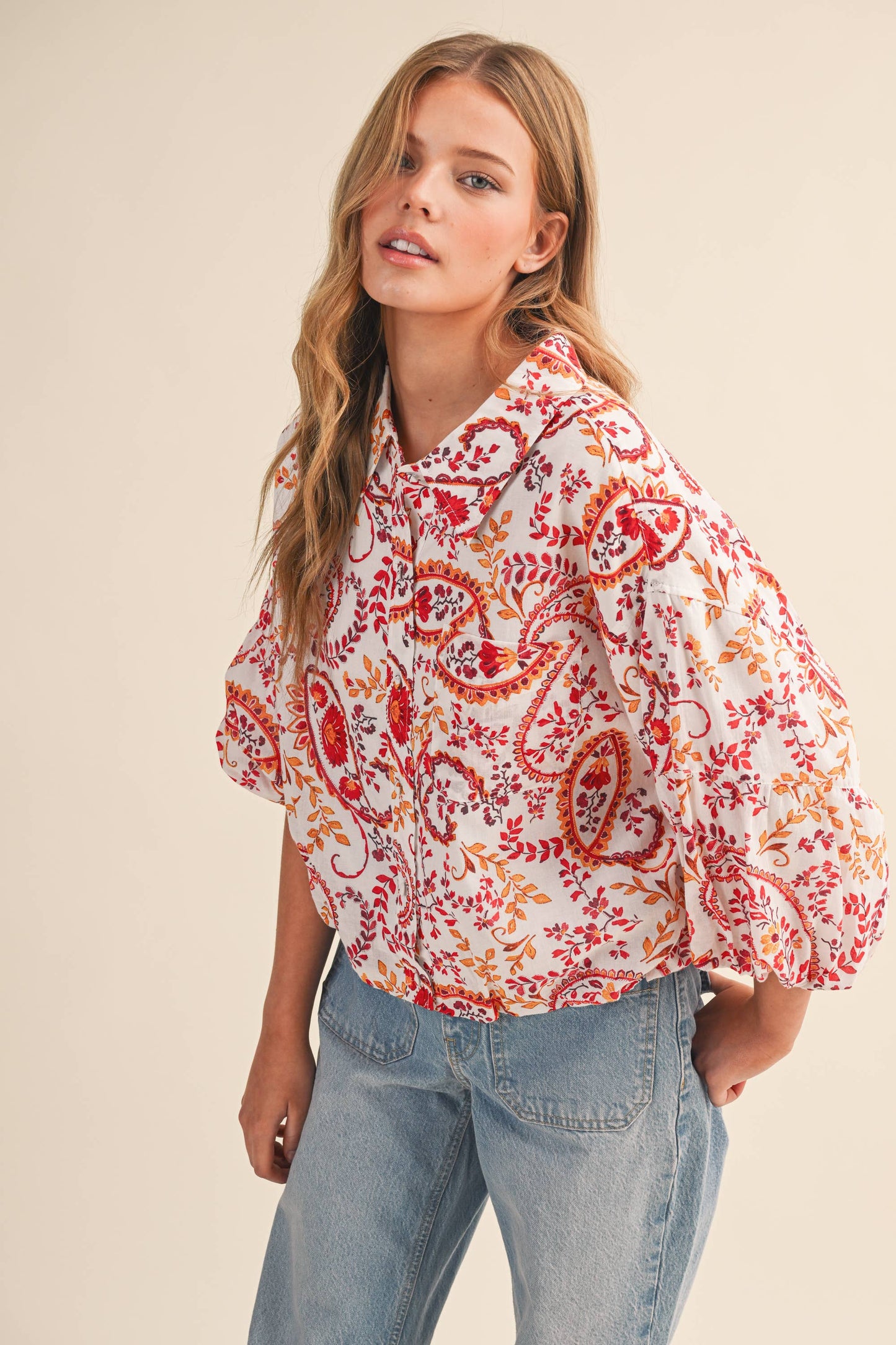 EXCLUSIVE PAISLEY PRINT BUTTON DOWN BUBBLE SLV TOP MTP4568