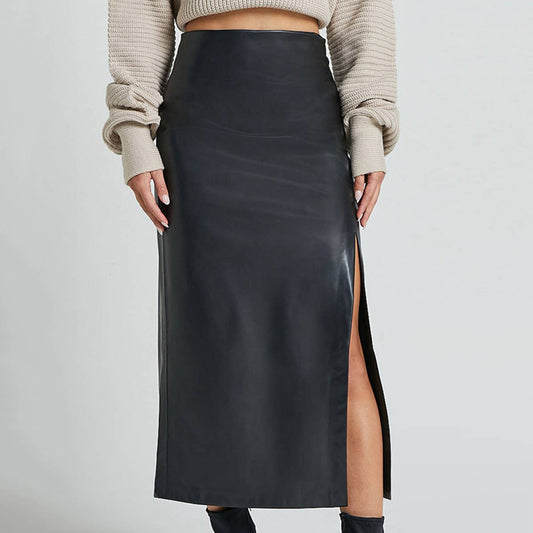 PU SPLIT LEATHER SKIRT HIGH WAIST ZIPPER SKIRT