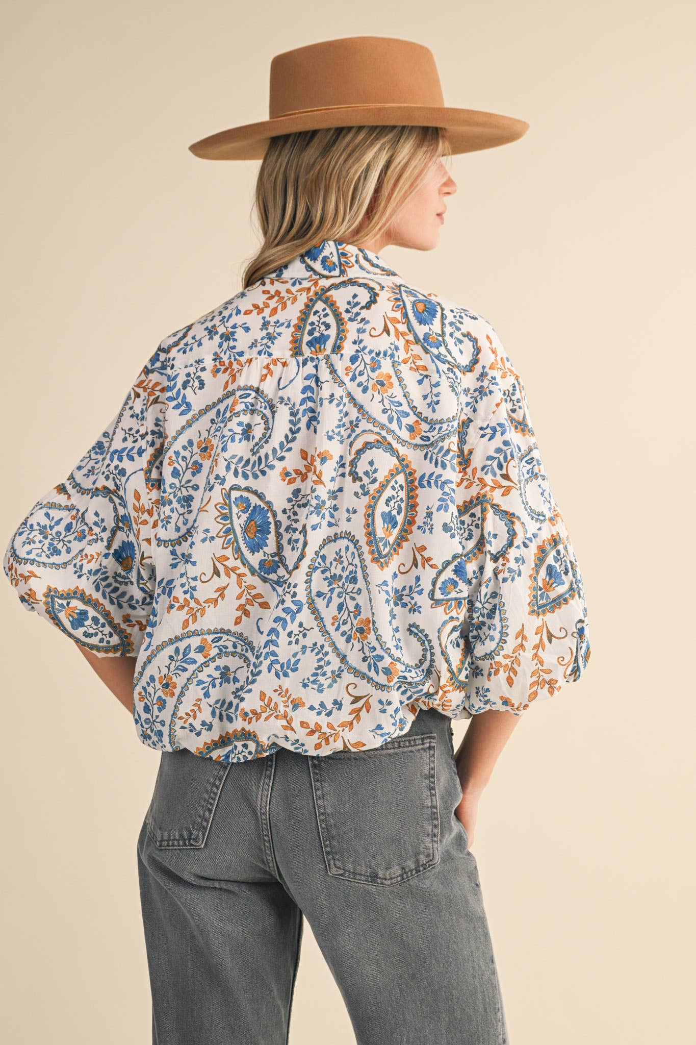 EXCLUSIVE PAISLEY PRINT BUTTON DOWN BUBBLE SLV TOP MTP4568