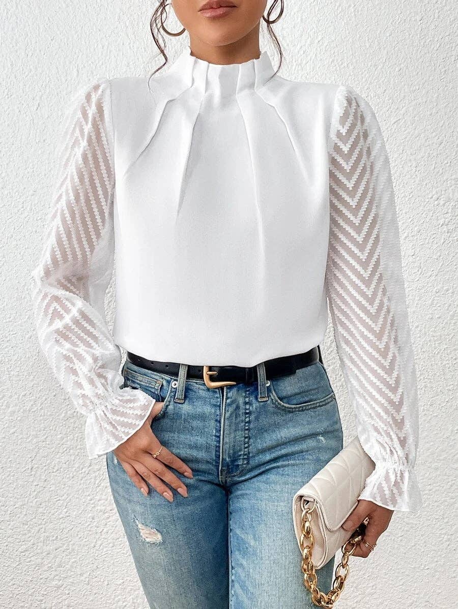 Mock Neck Chiffon Blouse Lace Sleeve Elegant Work Top
