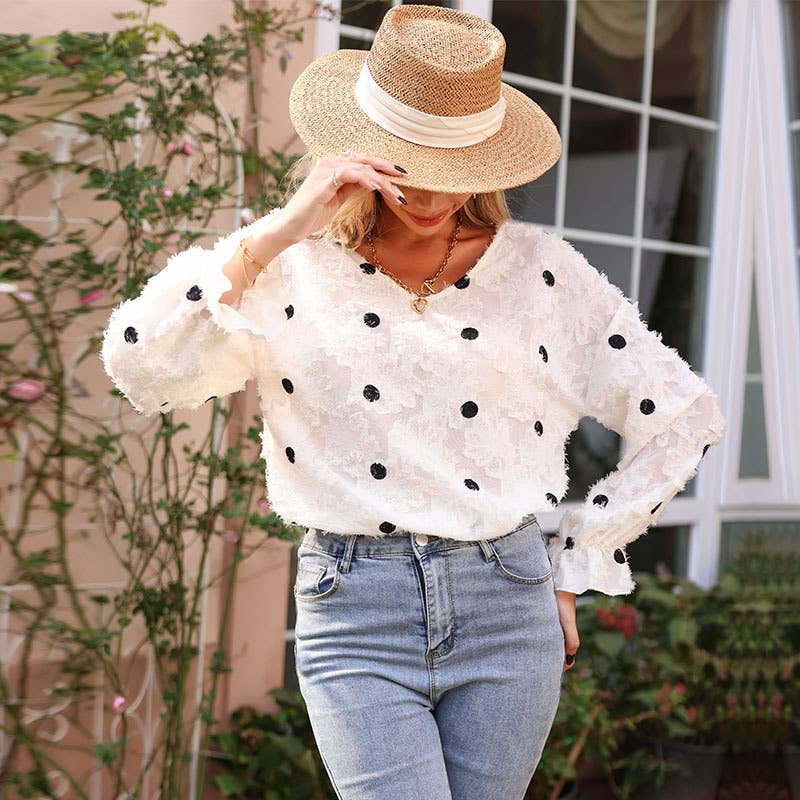 SEE-THROUGH PULLOVER V-NECK POLKA DOT SHIRT