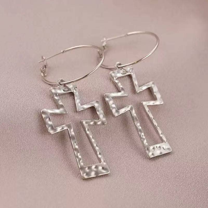 Cute Pair of Cross Hoop Earrings for Women. Gold and Silver