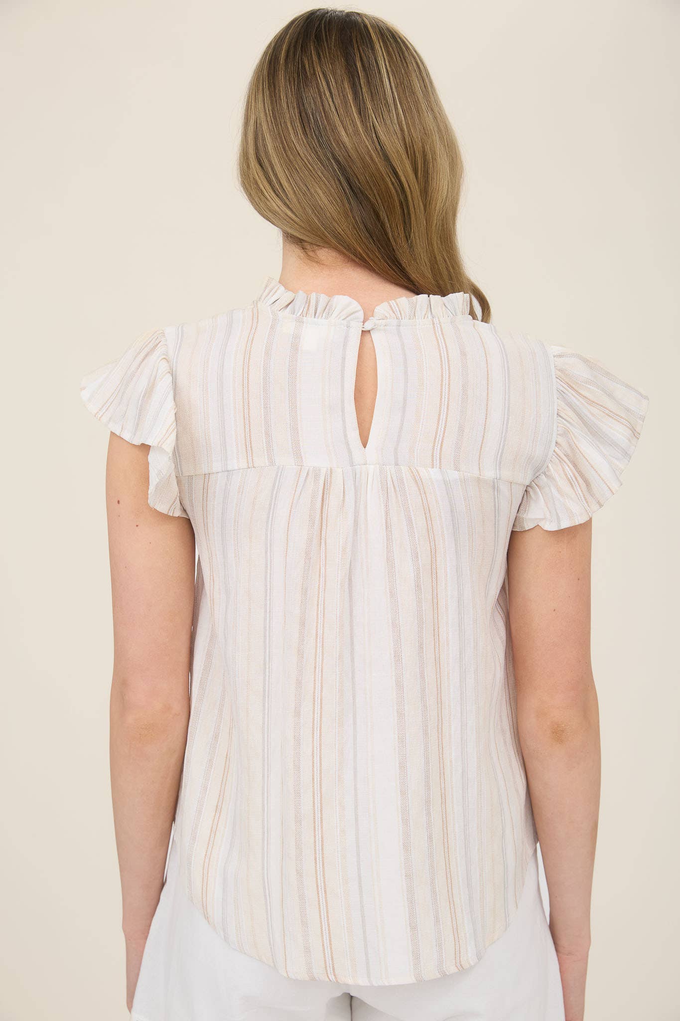 MULTICOLOR STRIPE LACE TRIM RUFFLE SLEEVE TOP
