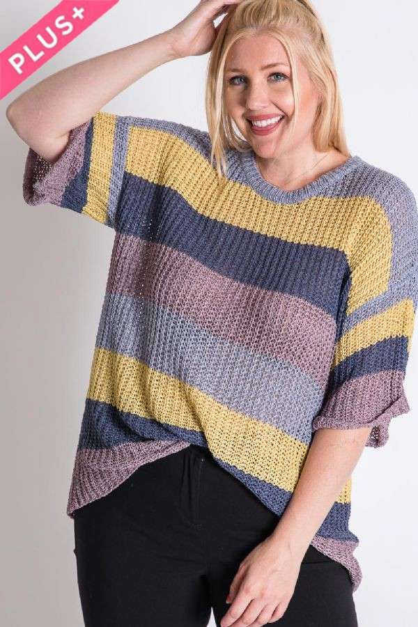 PLUS COLORBLOCK STRIPE THICK COZY KNIT SWEATER