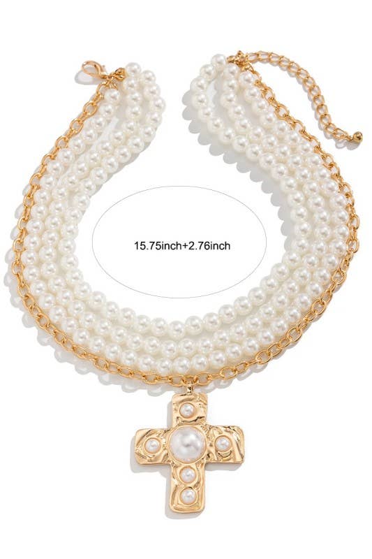 Notable Hammered Cross Multi Wrap Pearl Necklace