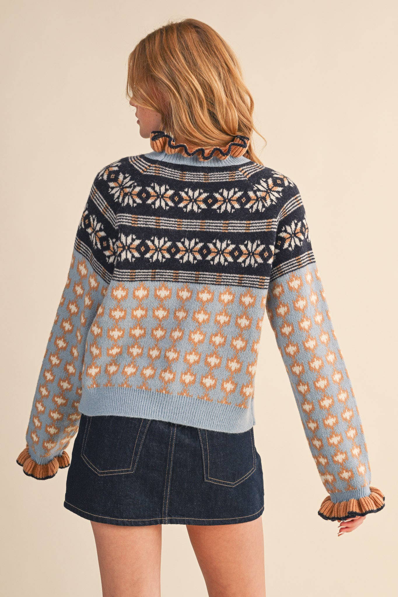 RUFFLED MOCK NECK FAIR ISLE SWEATER MSW10961