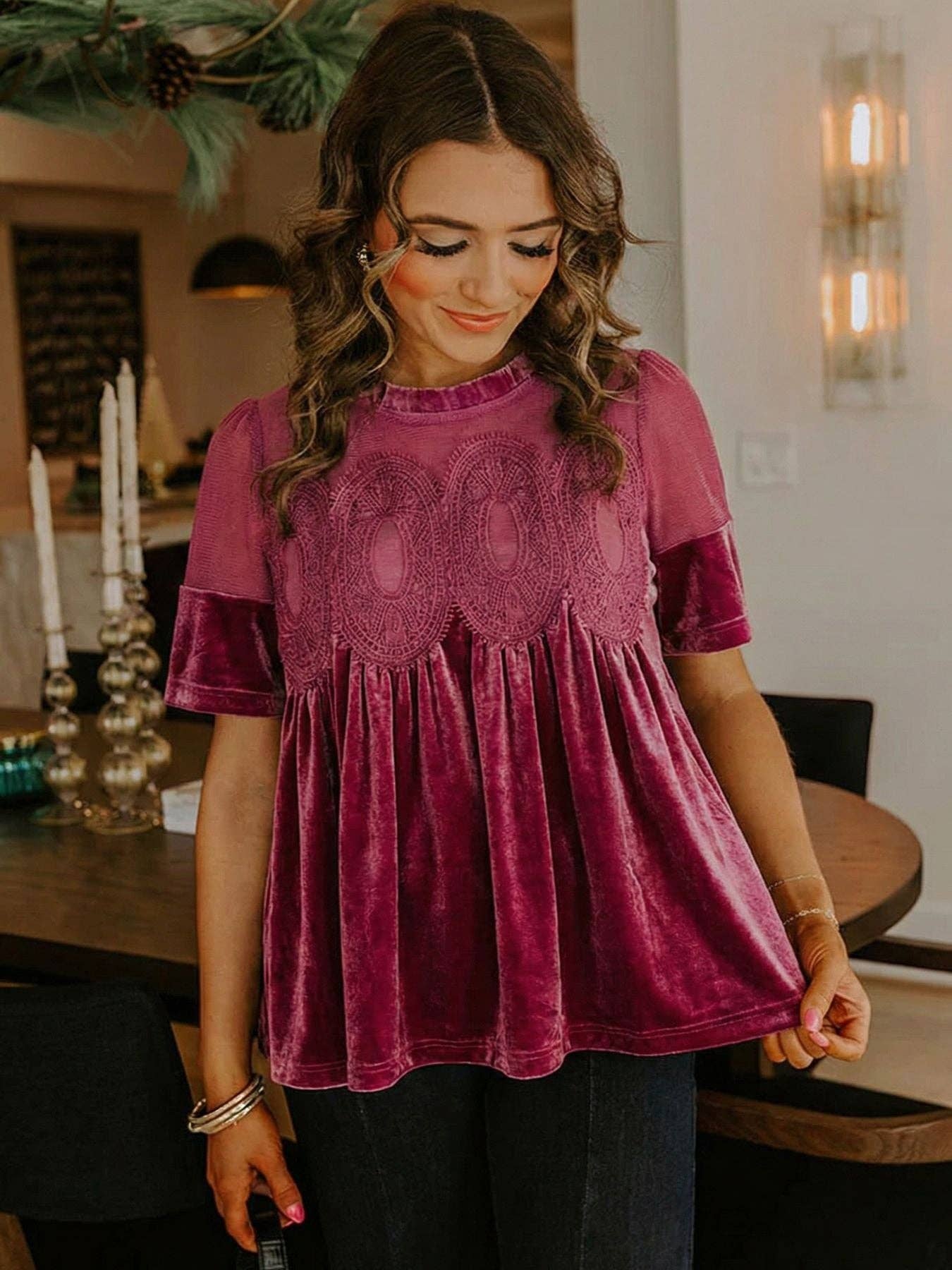 Velvet Top with Lace & Embroidered Trim Gold Velvet Puff Sleeve Blouse