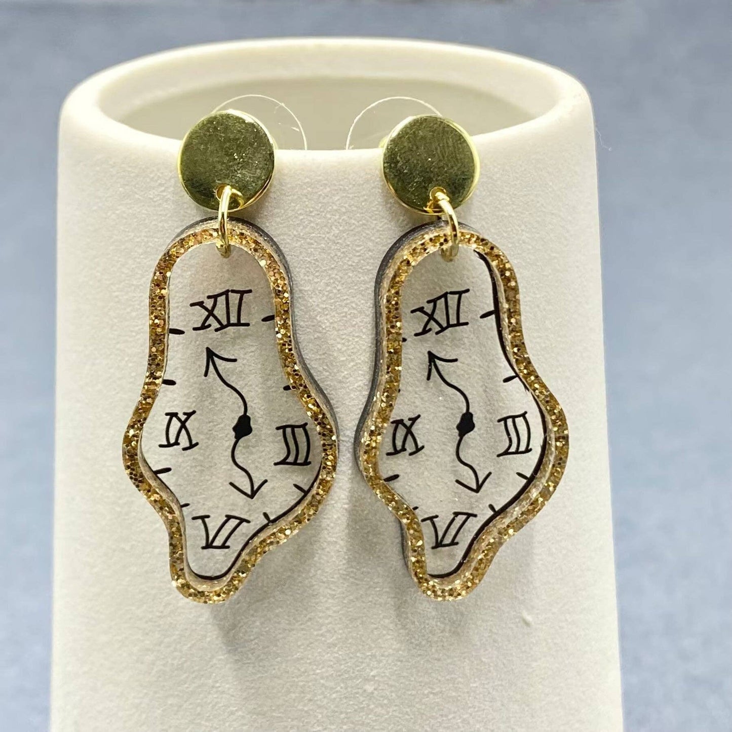 Time Flies Geometric Acrylic Clock Dangle Earrings