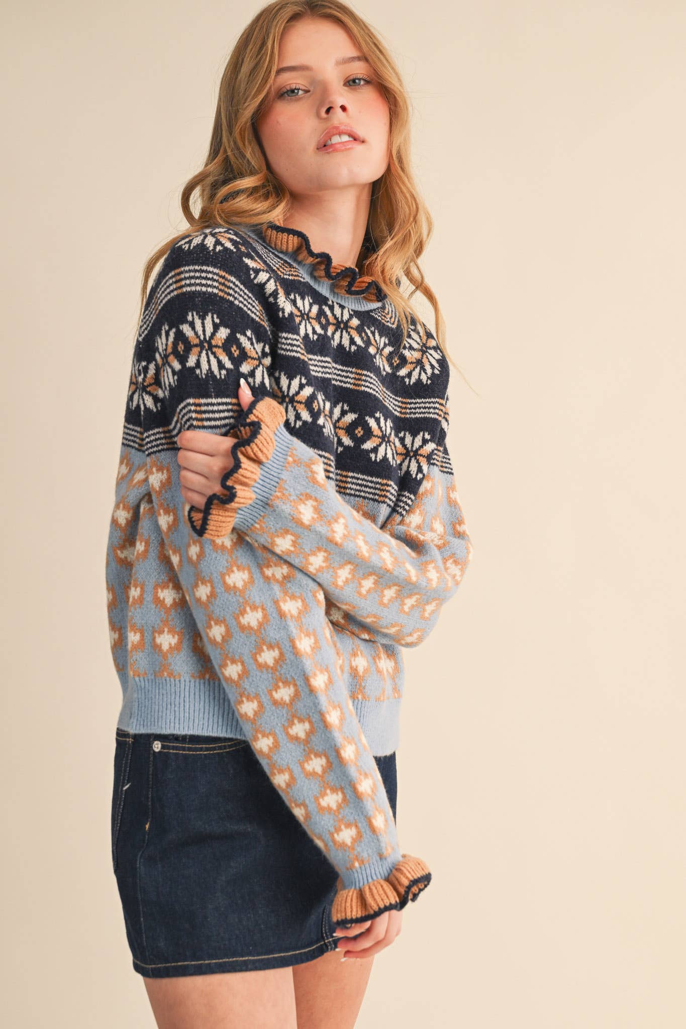 RUFFLED MOCK NECK FAIR ISLE SWEATER MSW10961