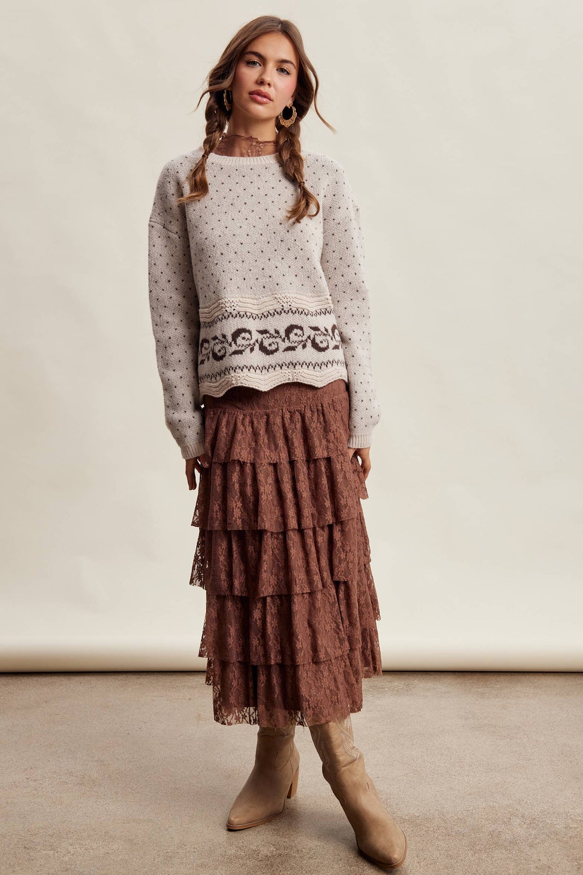 Swiss Dot Border Knit Sweater LSW1092