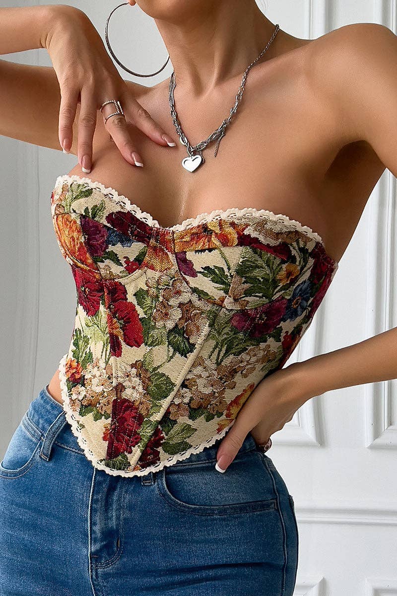 Floral-Patterned Strapless Corset Tank