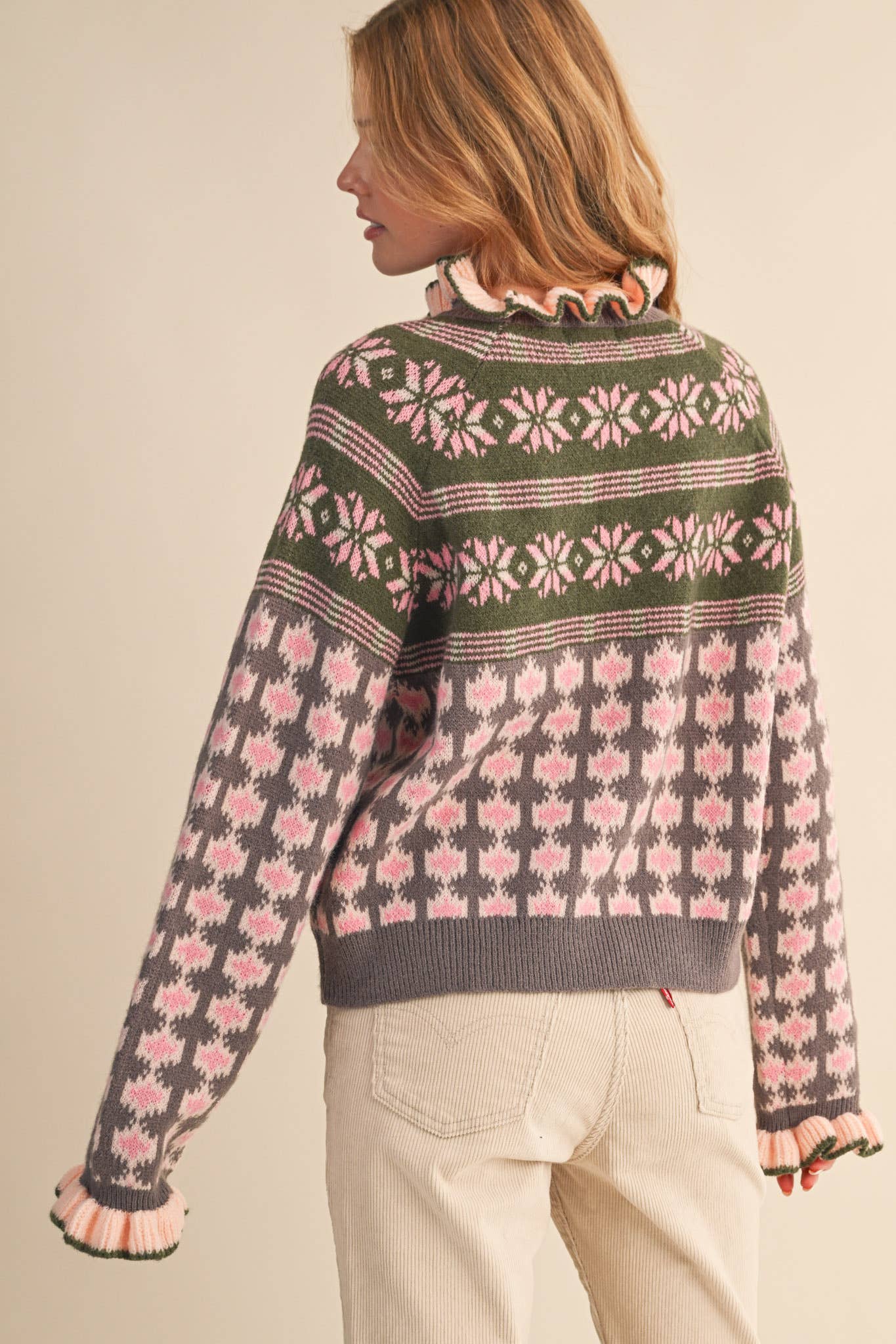 RUFFLED MOCK NECK FAIR ISLE SWEATER MSW10961