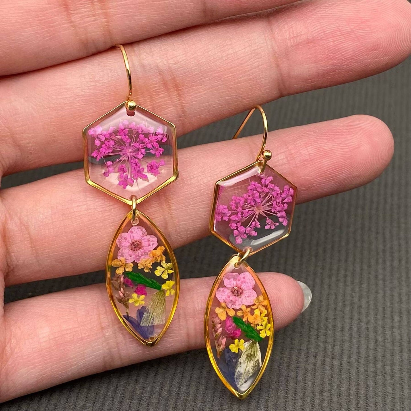 Dried Flowers Floral Geometric 18K Golden SS Earrings - PDF