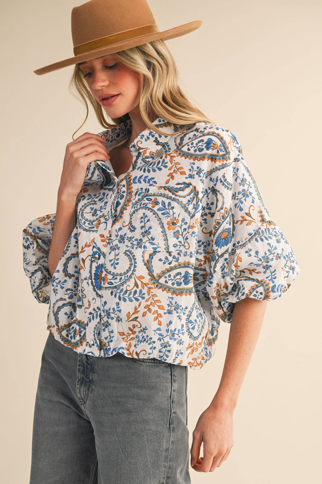 EXCLUSIVE PAISLEY PRINT BUTTON DOWN BUBBLE SLV TOP MTP4568