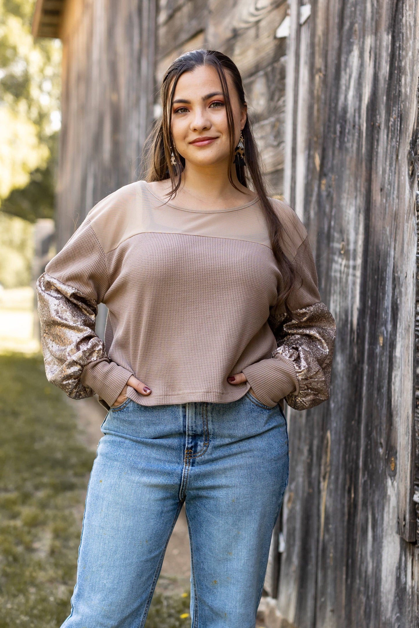 Tan Waffle Knit Top with Mesh and Sequin Details