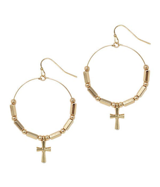 ( G617 )  CROSS DROP HOOP EARRING