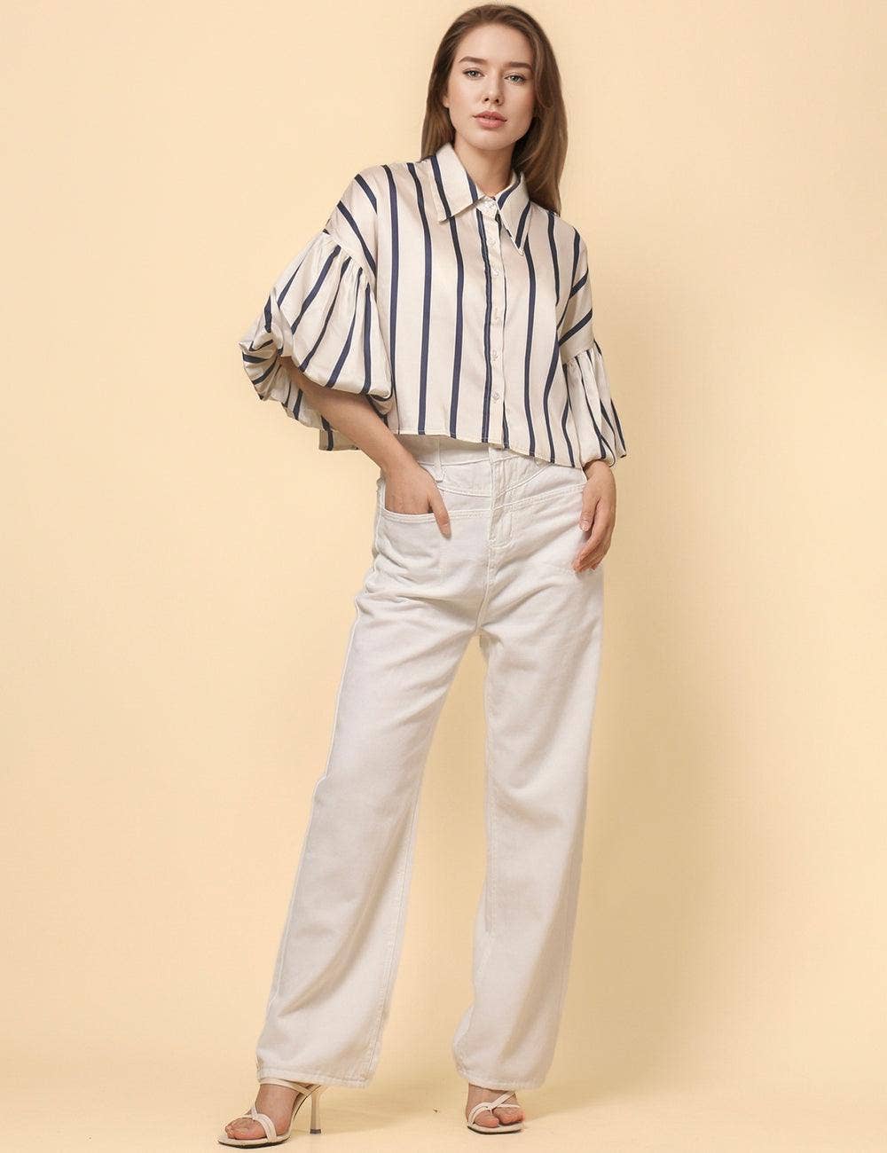 Ladies Lantern Sleeve Striped Short Shirt