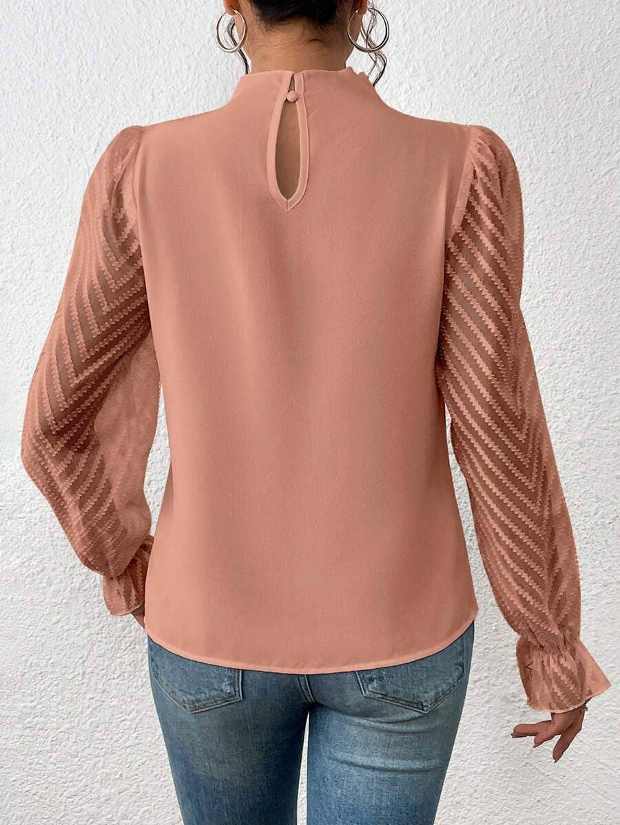 Mock Neck Chiffon Blouse Lace Sleeve Elegant Work Top