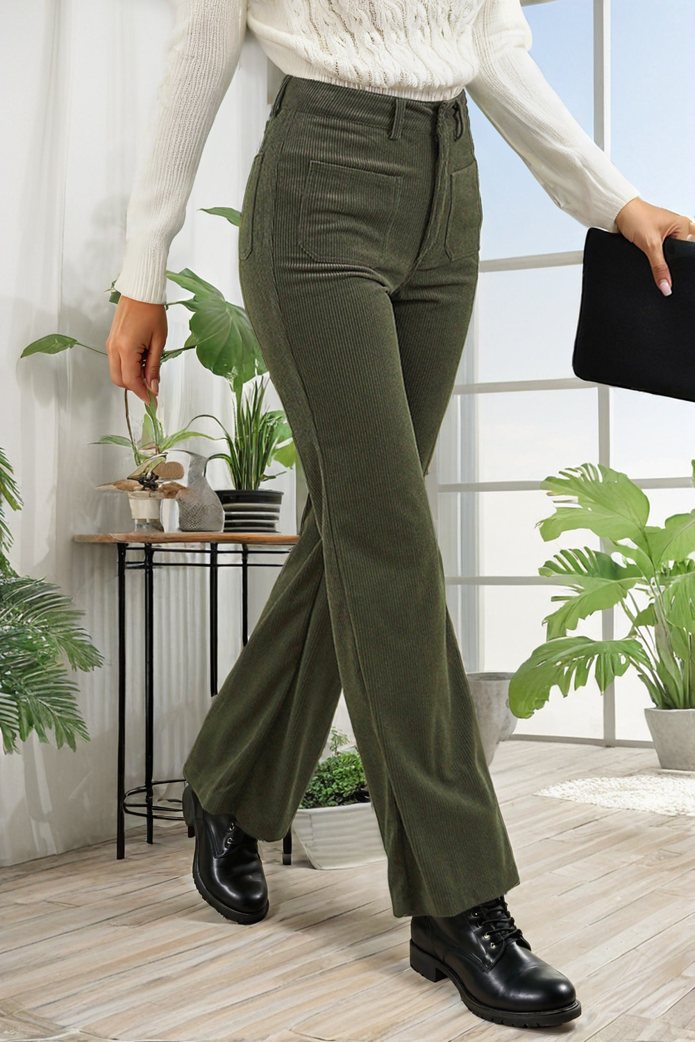 High Waist Square Pockets Corduroy Pants