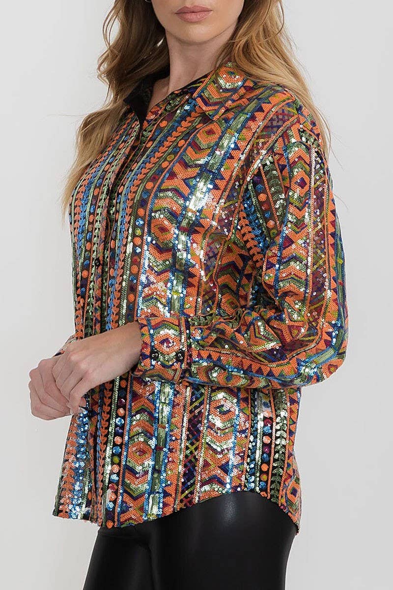 MULTI COLOR SEQUINED BUTTON DOWN SHIRT TOP