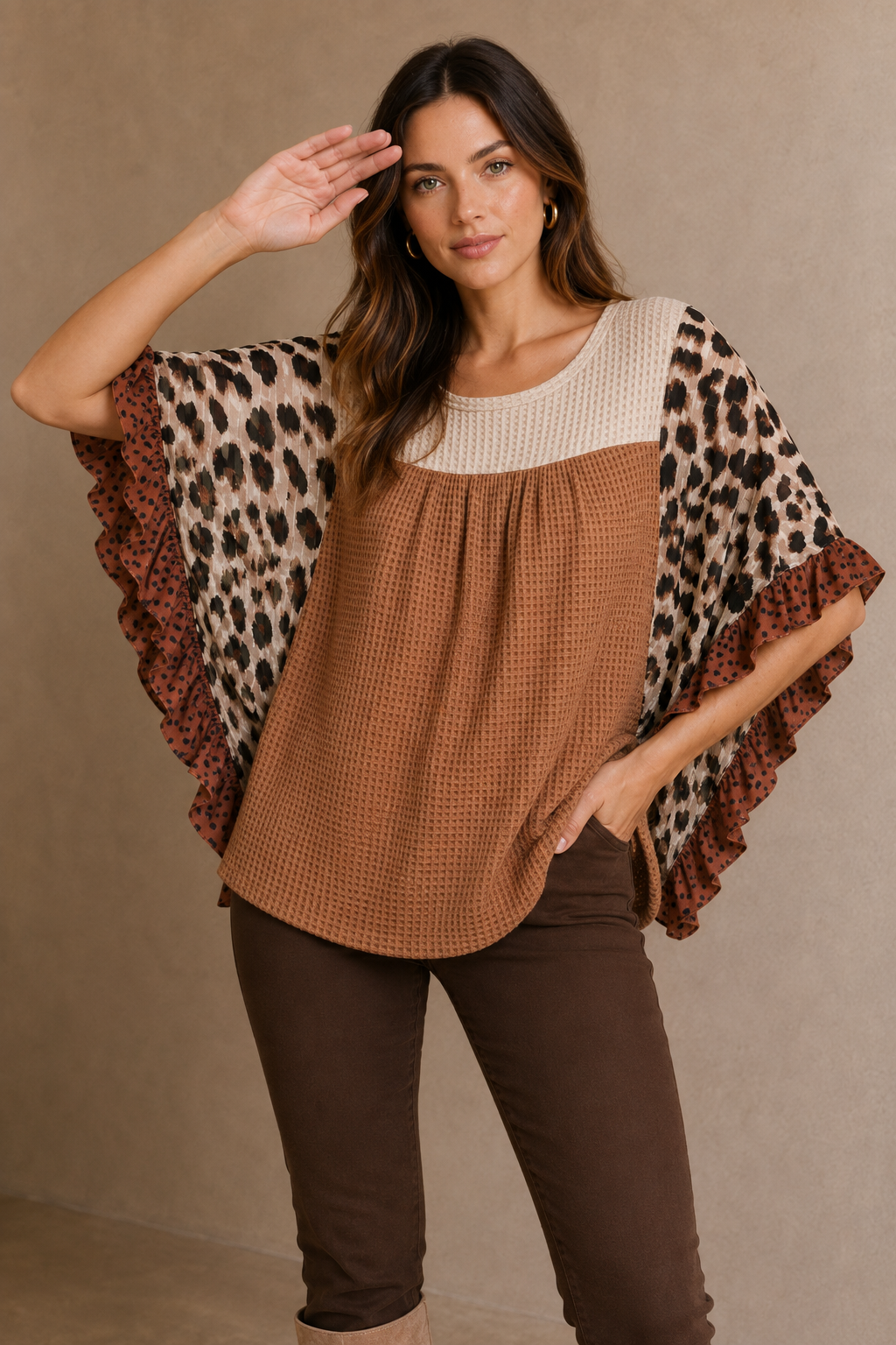 Mixed Media Animal Print Lurex Ruffle Flutter Sleeve  Top