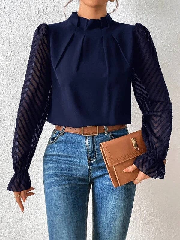 Mock Neck Chiffon Blouse Lace Sleeve Elegant Work Top