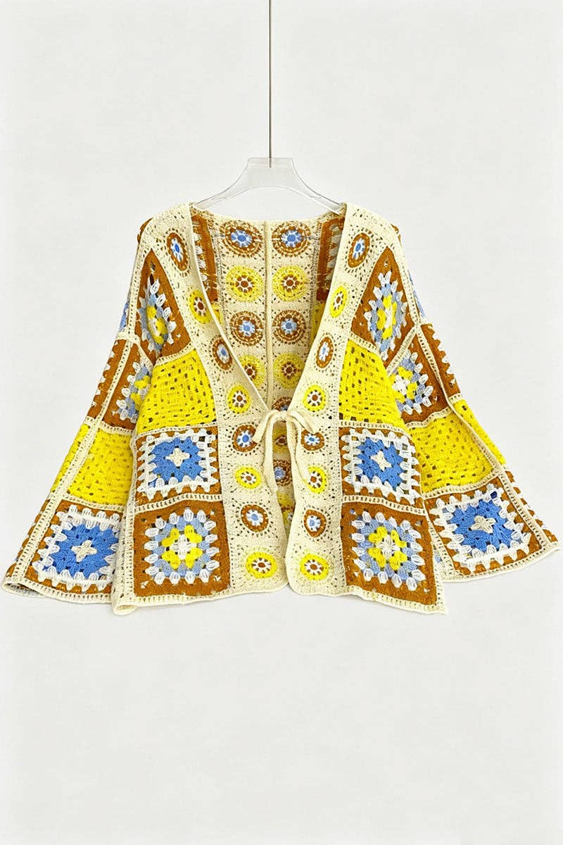 Crochet Patchwork Open Front Bell Sleeve Cardigan