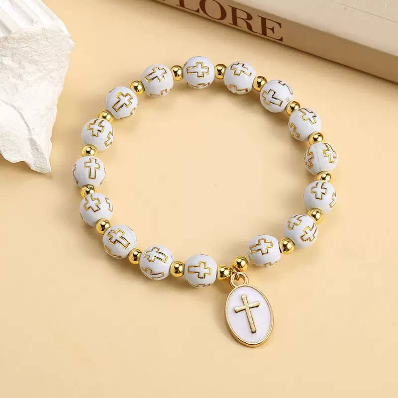 Beaded Bracelet with Cross Beads and Center Cross Charm
