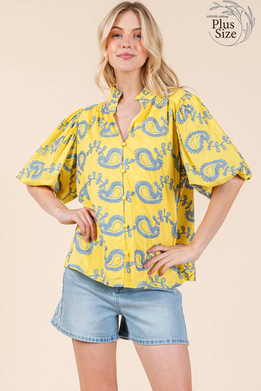Plus Paisley Embroidered Button-Up Blouse, MT51230PL