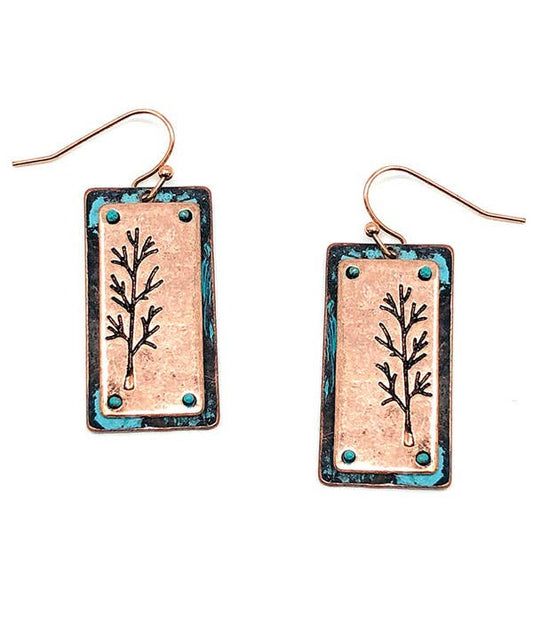 ( U393 )  RUSTIC FINISH  DOUBLE METAL EARRING - TREE