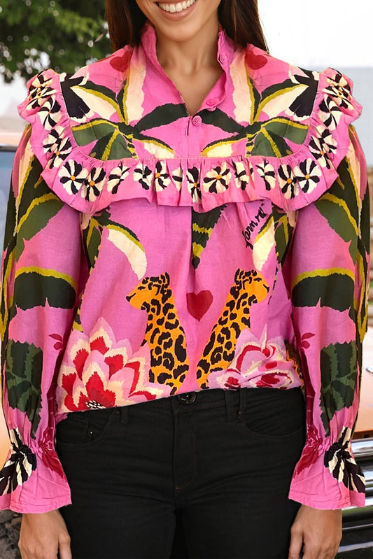 Fashion-W Boho Leopard Print Tropical Ruffle Blouse