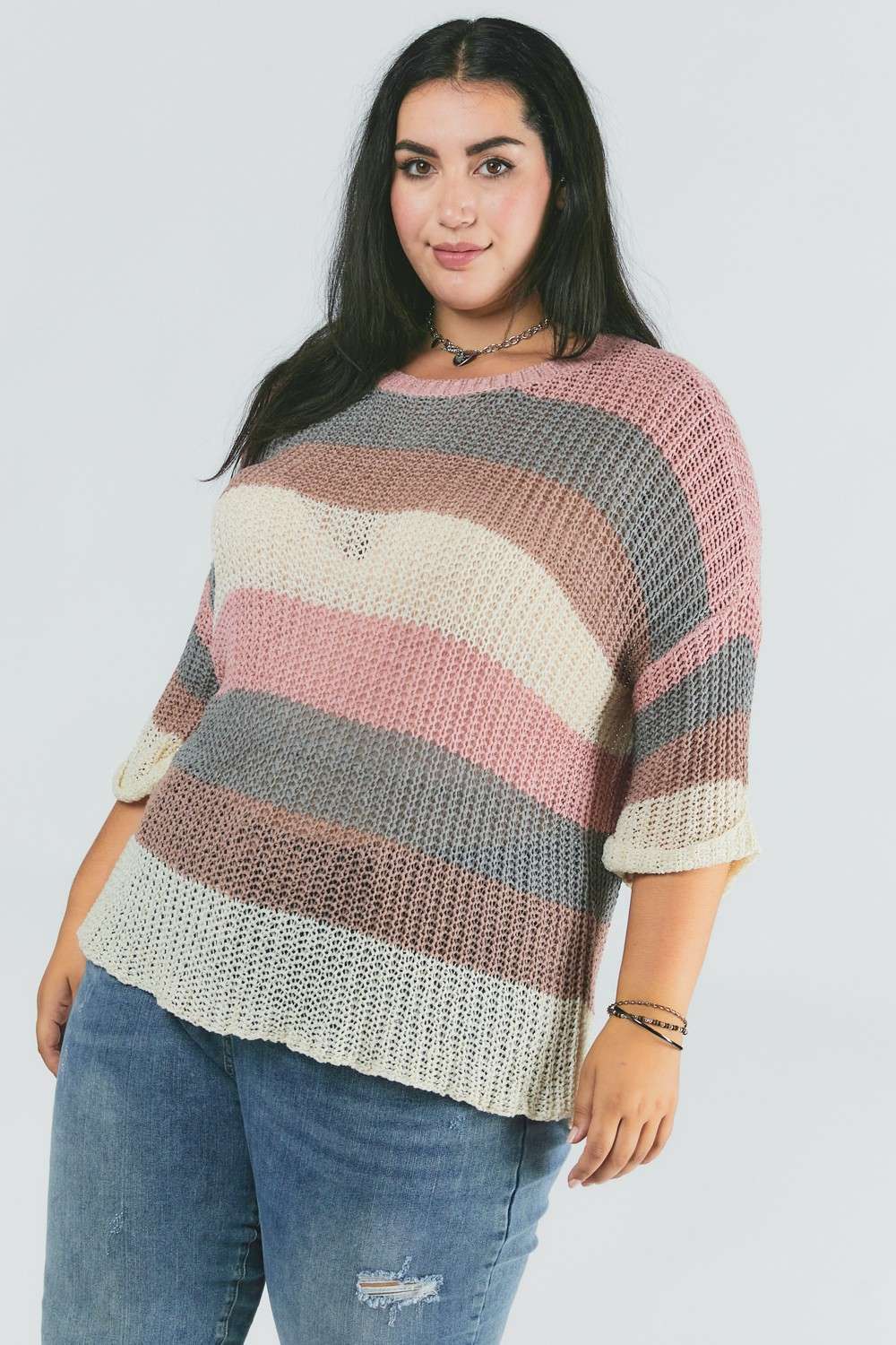 PLUS COLORBLOCK STRIPE THICK COZY KNIT SWEATER