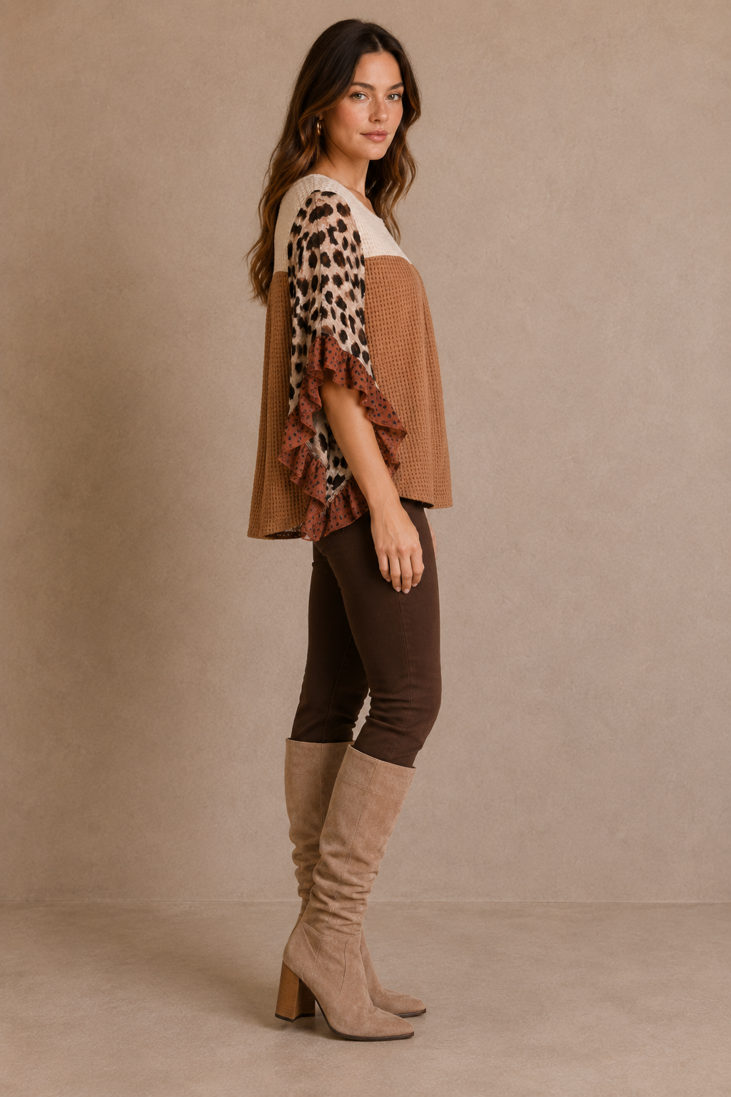 Mixed Media Animal Print Lurex Ruffle Flutter Sleeve  Top