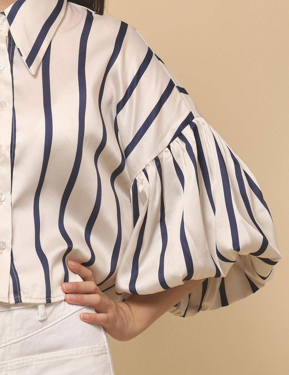 Ladies Lantern Sleeve Striped Short Shirt